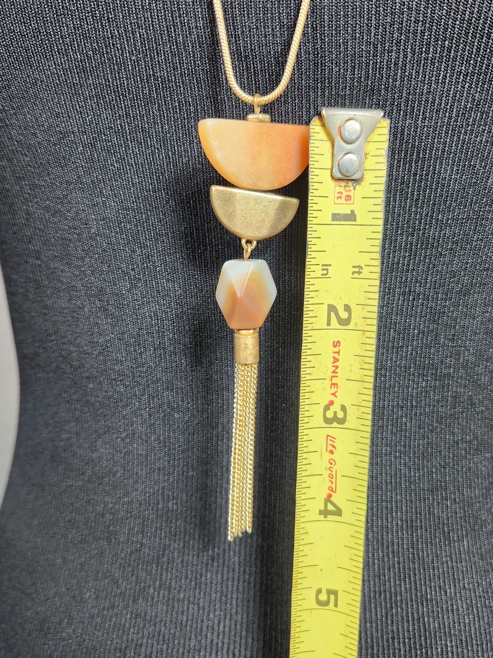 Gold-Tone 32" Long Tassel Necklace with Orange and Cream Stone Accents - Picture 3 of 7